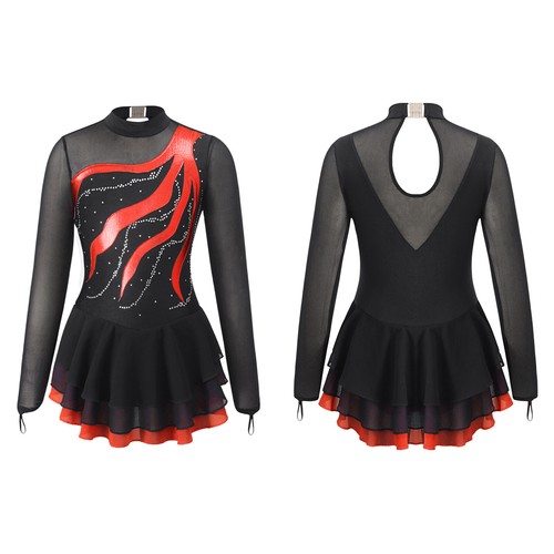 DE girls long sleeve figure skating dress mesh splice freestyle dress rhinestone dance dress - Picture 49 of 161
