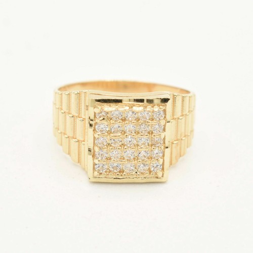 Men's Unisex Railroad Square Signet Pinky Ring Real Solid 10K Yellow Gold - 第 1/5 張圖片