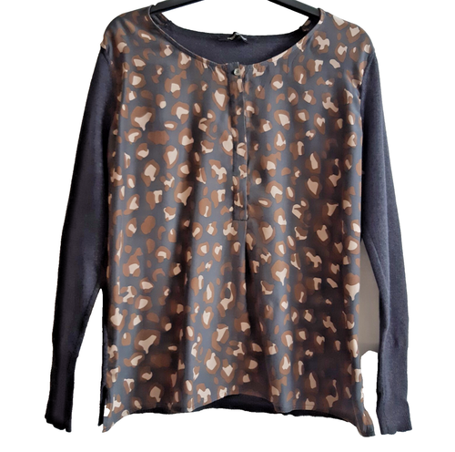 PENNYBLACK Half-Button Gray Knitted Pullover Abstract Print Silk Front Sz S-M?