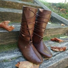 Women Mens Mid-calf Boots Retro Medieval Reenactment Cosplay Stage Leather Shoes