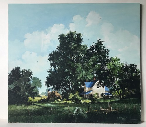 Magnificent Watercolor Painting Signed Illegible Farmhouse Blue Roof Landscape - 第 12/12 張圖片
