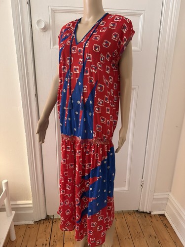 Diane Freis Size Medium Vintage Original Blue Red Drop Waist Georgette Dress - Picture 2 of 13