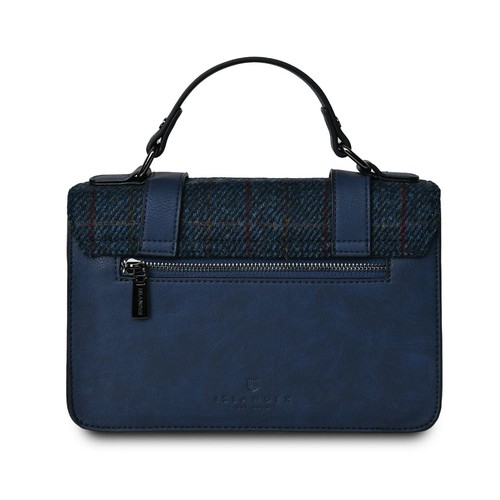 Harris Tweed Large Satchel Bag Navy Over Check Zipped Pockets Shoulder Strap - Picture 3 of 4