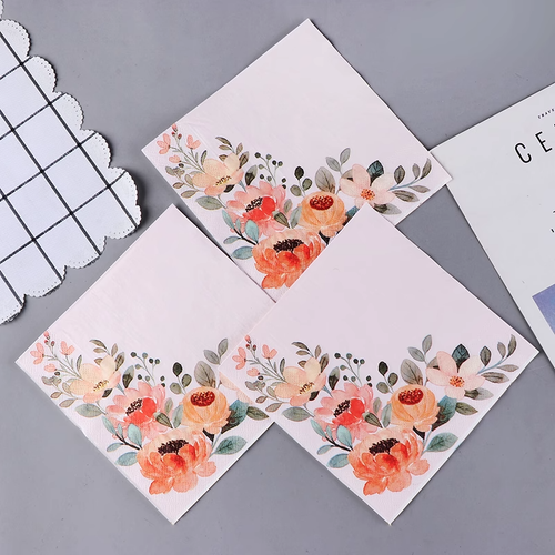 3 Paper Napkins for Decoupage / Tea Parties - Orange Peach Tone Peony & Vines - Foto 5 di 6