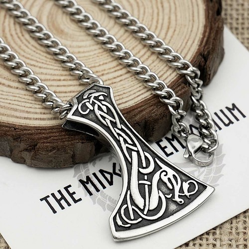 Viking Dragon Axe Necklace Stainless Steel Pendant Mens Jewellery - Picture 8 of 8
