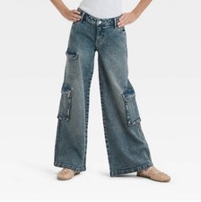 Girls Mid-rise Wide Leg Cargo Jeans Art Class Dark Wash 12 Plus