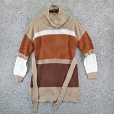 Derek Heart Sweater Dress Womens L Tan Colorblock Cowl Neck Belted Boho Autumn