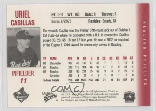 2003 MultiAd Sports Reading Phillies Uriel Casillas #4 - Picture 2 of 3