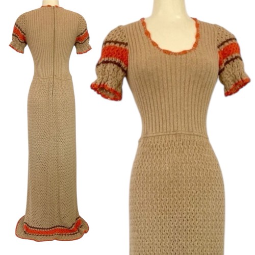 Vintage Dolphin California Crochet Knit Tan Orange Striped Sweater Maxi Dress - Picture 1 of 10
