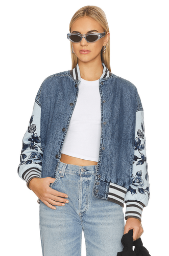Free People Team Spirit Jacket Floral Roses Embroidered Sleeves Striped XS NEW - Picture 4 of 9