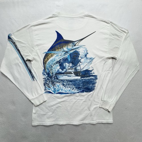GUY HARVEY BLUE WATER Talla M Camisa Manga Larga DOBLE CARA Marlin Barco Pesca - Imagen 8 de 9