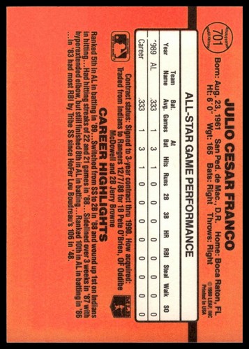 1990 Donruss #701 Julio Franco - Picture 2 of 2
