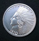1910 $10 INDIAN TRIBUTE ROUND - 2 OZ - 39MM .999 PURE SILVER INTAGLIO MINT