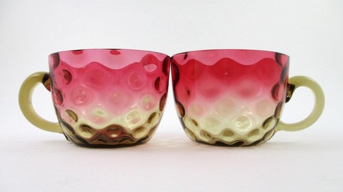 Pair antique PUNCH CUPS - Rubina Verde / Amberina art glass IVT - smooth handles - Picture 2 of 8