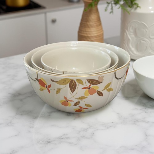Halls Superior 3 PC Nesting Bowls Autumn Leaf Mary Dunbar Gold Trim Scalloped - Picture 3 of 10