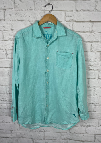 Tommy Bahama Relax Herren türkis Leinen Langarm Button Down Hemd Größe Small