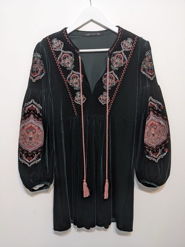 Zara Green Velvet Embroidered Boho Smock Tunic Dress Size S Folk - Picture 5 of 7
