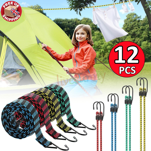 12pcs Heavy Duty Long Bungee Cords 1-2M elastic Luggage Straps with Hooks Car UK - Picture 2 of 30