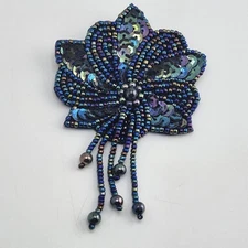 Beaded Flower Leaf Pin Brooch Blue Iridescent Seed Beads & Sequins 2.25 inch