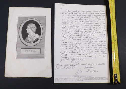 1700's Print of Isaac Newton and old letter mini Newton collection - Picture 2 of 4