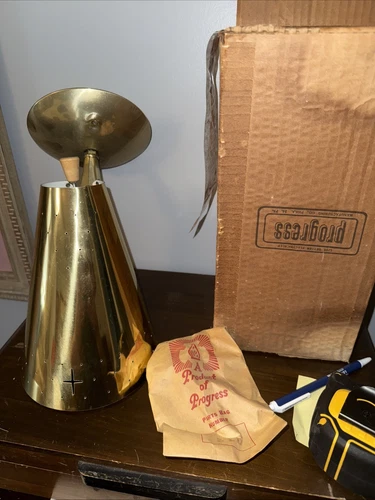 NOS Vintage Mid Century Progress Brass Cone Wall Sconce Light Atomic