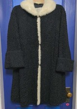 VTG 50's Pollack's Furs PA Black Curly Persian Lamb Coat W/Mink Collar/Trim L/XL