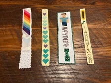4 Handmade Cross Stitched Bookmarks: Rainbow, Hearts, Hayden and Addyson