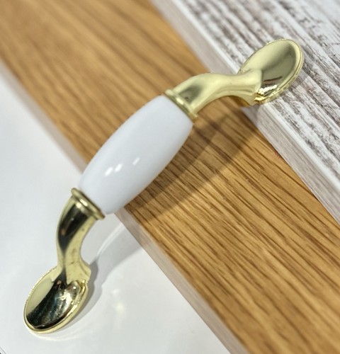 Vintage Kitchen Bath Cabinet Drawer Handle Pull Gold White Porcelain Ceramic - Picture 3 of 14