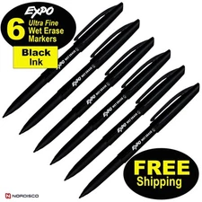 EXPO Wet Erase Markers 16001A, Black Ink, Ultra Fine Point, Pack of 6 Markers