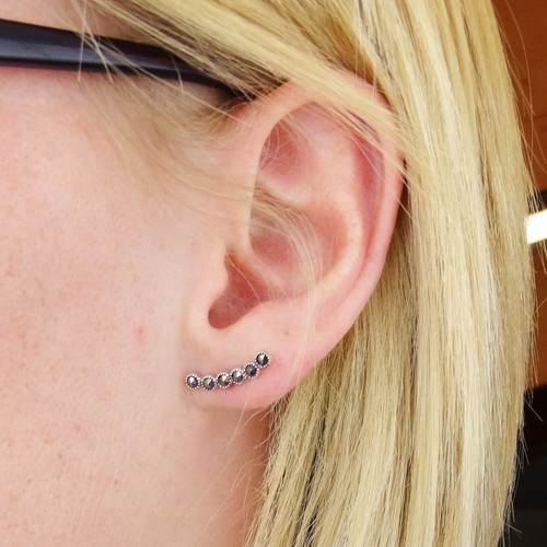 Marcasite Ear Climber Earrings - 925 Sterling Silver - Posts Curved Gift NEW - Picture 5 of 5