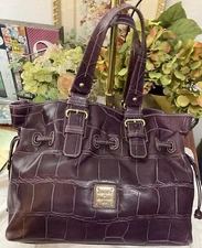 Dooney Bourke Purple Chiara Hobo Croco Embossed Leather Drawstring Tote Bag Y2K