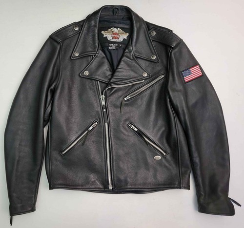 Vintage Harley Davidson Schwarz Leder Hergestellt in den USA Motorrad Biker Jacke Herren L - Bild 8 von 8