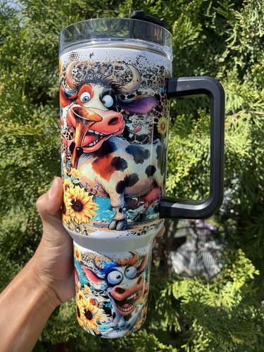 40 Unzen Becher, Kuh, lustig, verrückte Kuh, Western, Cowgirl, Sonnenblume - Bild 10 von 12