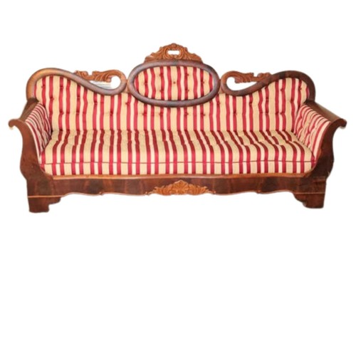 Antique Sofa, Empire Period, Medallion Back, New Upholstery, Red/Beige, 1800's! - Picture 7 of 8