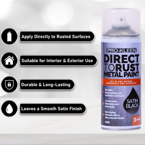 ProKleen Direct To Rust Spray Paint Anti Rust Corrosion Black Satin 400ml - Picture 6 of 38