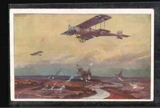 German airplane over the Marne  battle field -Artist Drawn WWI AVIATION POSTCARD