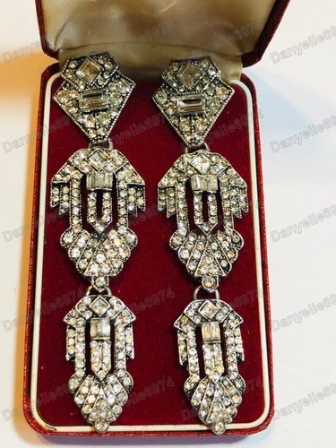 PENDIENTES COLGANTES DE CRISTAL geométricos ART DECO 4" de largo vintage plata estrás ESTUDS - Imagen 2 de 12