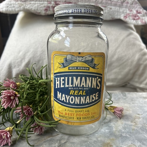 VINTAGE HELLMANN'S REAL MAYONAISE JAR W/ PAPER LABEL & LID~1940'S~QUART 32oz Sz