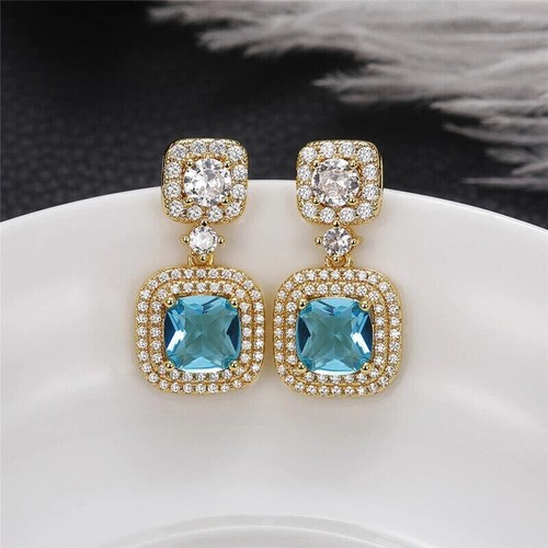 4.20Ct Cushion Cut Lab Created Topaz Halo Dangle Earrings 14K Yellow Gold Plated - Picture 2 of 6