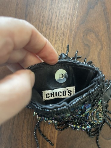 Chicos Womens Clutch Handbag Beaded Black Satin Small Evening - Picture 5 of 12