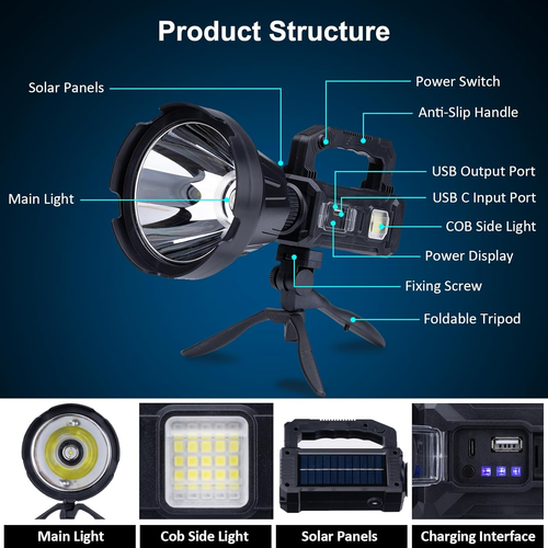 Rechargeable Handheld Spotlight, 3,000,000 Lumens Super Bright LED Solar & Batte - Picture 5 of 7