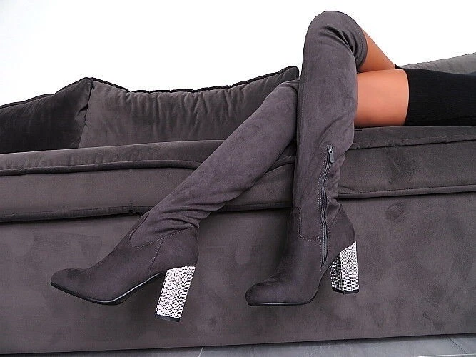 Mellisa Original Cristales Tacones Altos Sobre la Rodilla Botas Gris 37 - Imagen 2 de 4