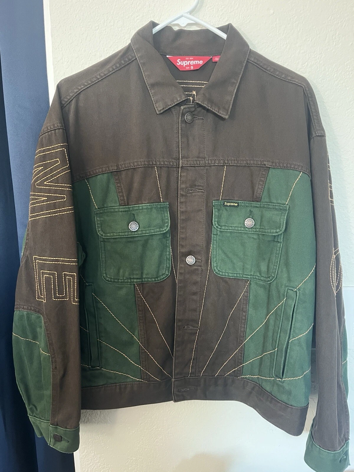 Veste camionneur en jean brodé radial Supreme marron et vert taille S Small