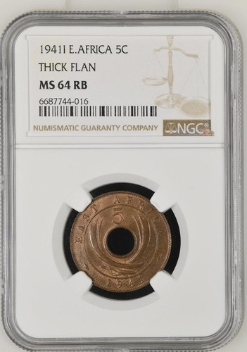 British East Africa 5 Cents 1941l Thick Flan NGC MS 64 RB - Picture 1 of 2