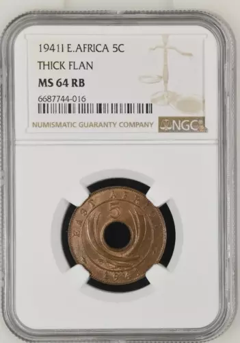 British East Africa 5 Cents 1941l Thick Flan NGC MS 64 RB