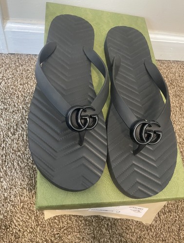 GUCCI Chevron Thong Sandal GG Logo Women Sz 11 Black Double G Slip-On Flip Flops - Picture 6 of 8