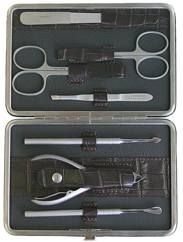 RICHARD JÄGER 7-tlg. Manicure Set Maniküre-Etui Herren KROKOPRÄGUNG Leder INOX - Bild 2 von 5