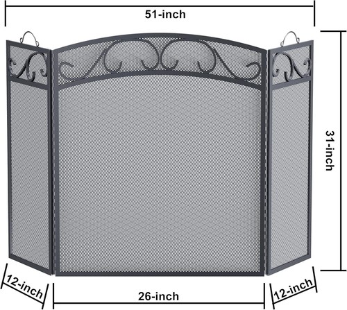 Foldable Wrought Iron Fireplace Screen with Handles - 51"L x 31"H Spark Guard - Picture 7 of 11