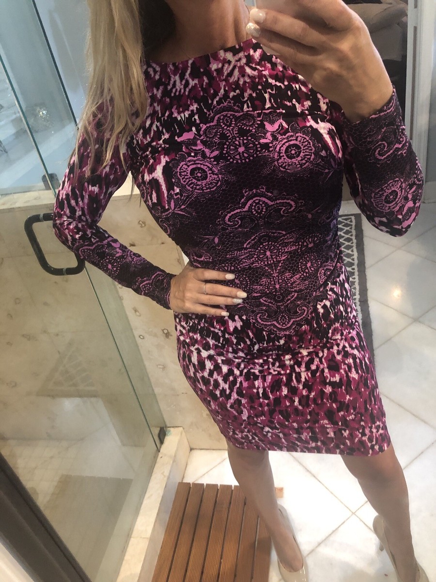 david meister long sleeve dress David Meister Dress Pink 2 XS Womens Multicolor Sheath Printed Sexy Long  Sleeve