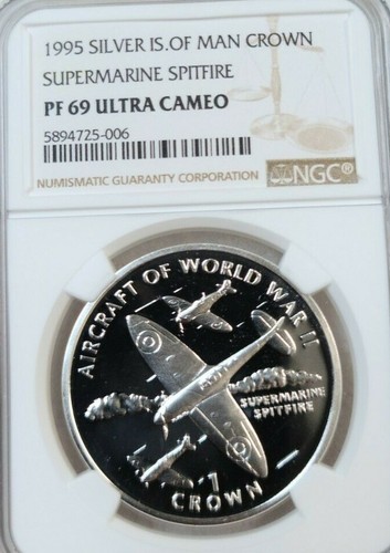 1995 ISLE OF MAN SILVER CROWN SUPERMARINE SPITFIRE NGC PF 69 ULTRA CAMEO TOP POP - Picture 3 of 4